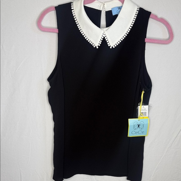 NWT CeCe Black Sleeveless Collared Blouse - Picture 4 of 8